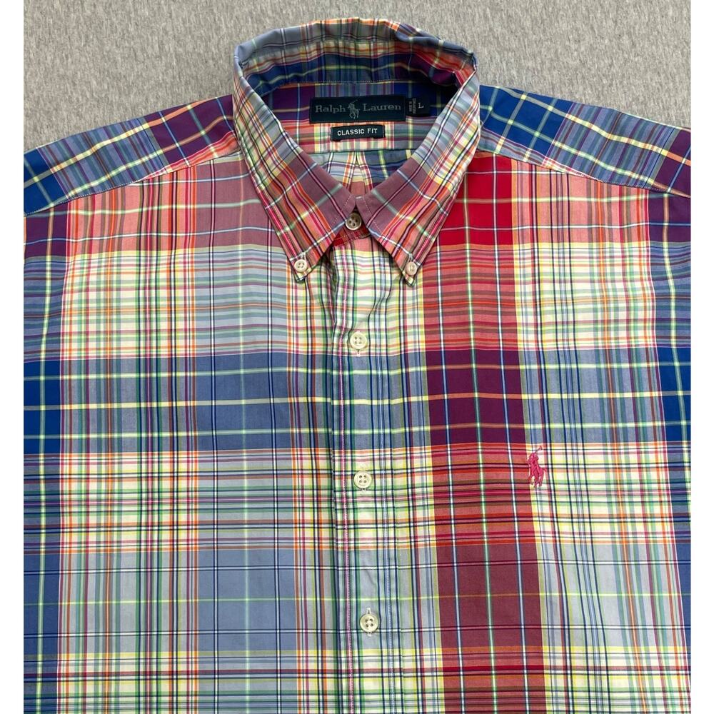 Ralph Lauren Shirt Mens Large Plaid 100% Cotton Button‎ Down Short Sleeve Pony
